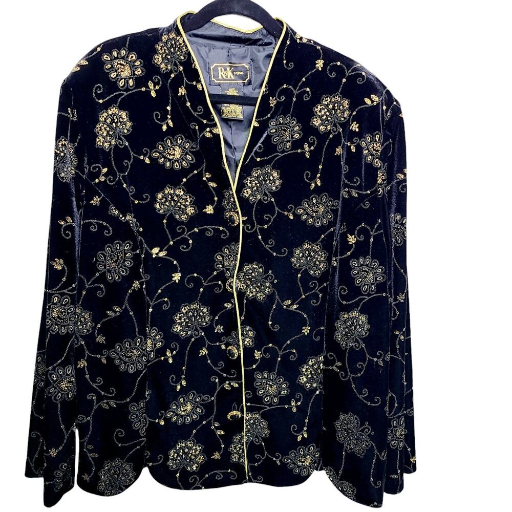 RK Evening Womens Black Metallic Gold Velvet Button Jacket SZ 22W Whimsigoth VTG